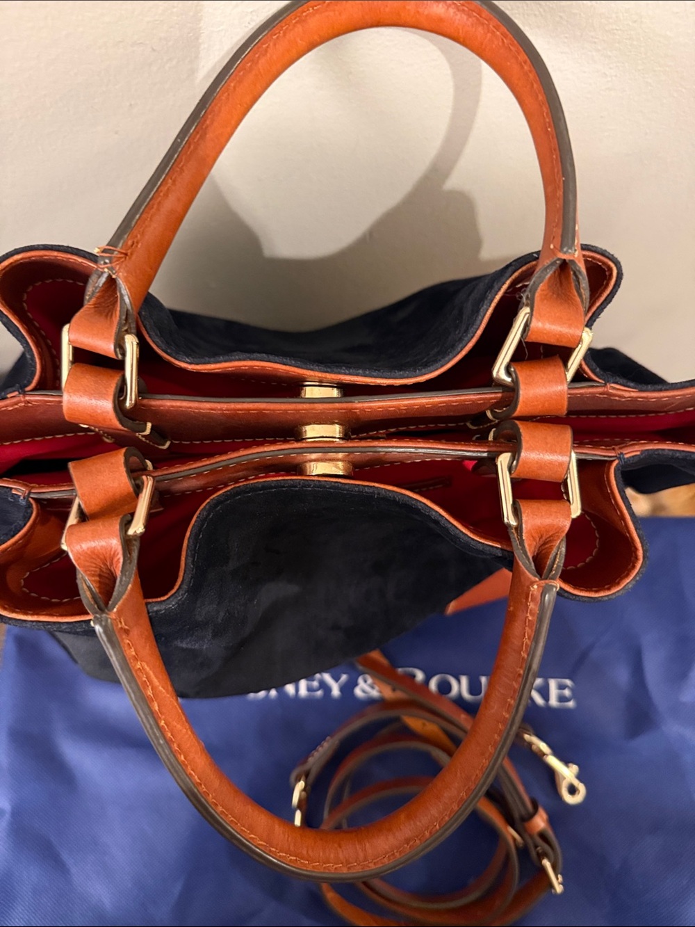 Dooney & Bourke Black Suede Satchel with Brown Leather Trim - Picture 2 of 7